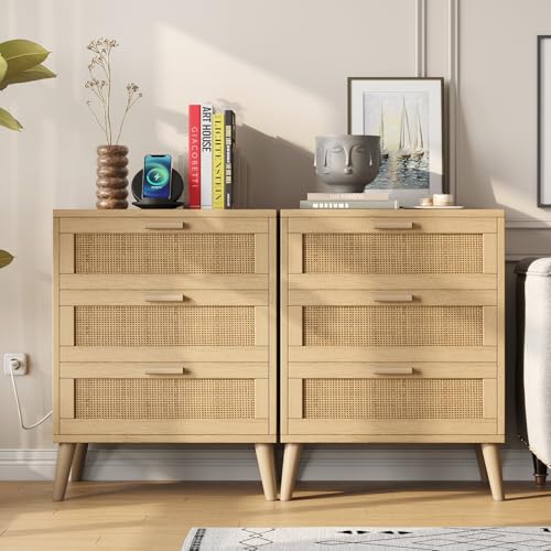 Rattan Nightstand Set with Charging Station – 2 Pieces