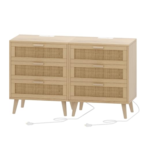 Rattan Nightstand Set with Charging Station – 2 Pieces