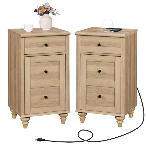 Modern Oak Nightstands with Charging Station - Set of 2