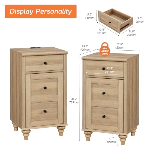Modern Oak Nightstands with Charging Station - Set of 2