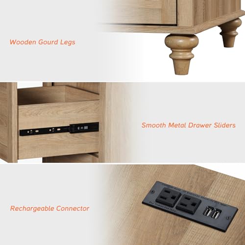 Modern Oak Nightstands with Charging Station - Set of 2