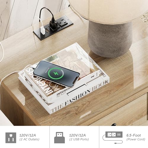 Modern Oak Nightstands with Charging Station - Set of 2