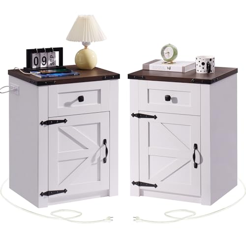 Rustic Nightstands Set with Charging Station, White