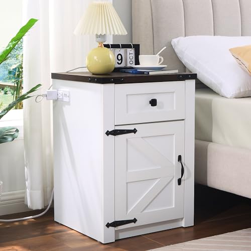 Rustic Nightstands Set with Charging Station, White