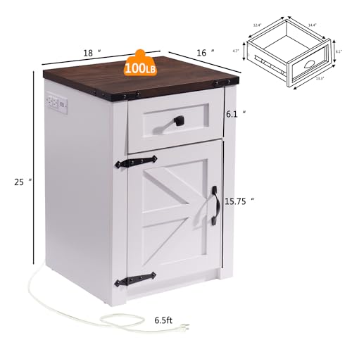 Rustic Nightstands Set with Charging Station, White