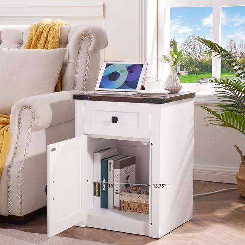 Rustic Nightstands Set with Charging Station, White