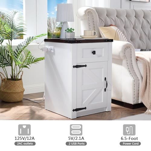 Rustic Nightstands Set with Charging Station, White