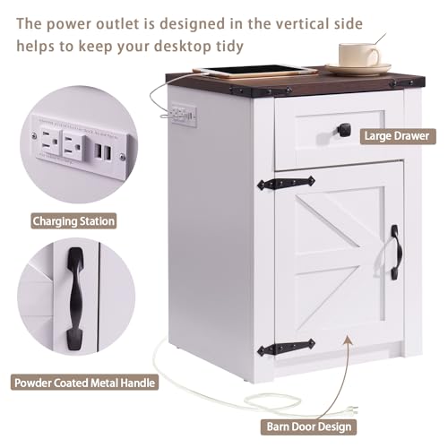 Rustic Nightstands Set with Charging Station, White