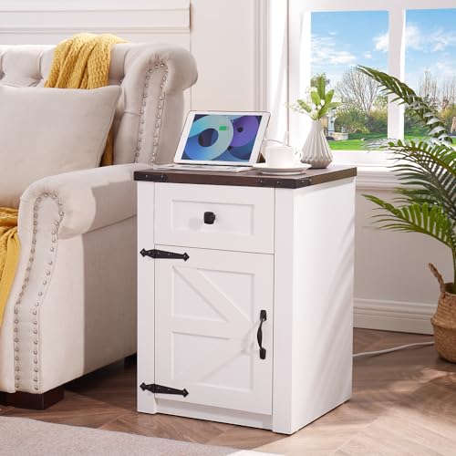 Rustic Nightstands Set with Charging Station, White