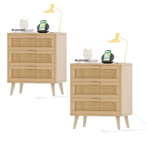 Rattan Nightstand Set with USB Charging Ports