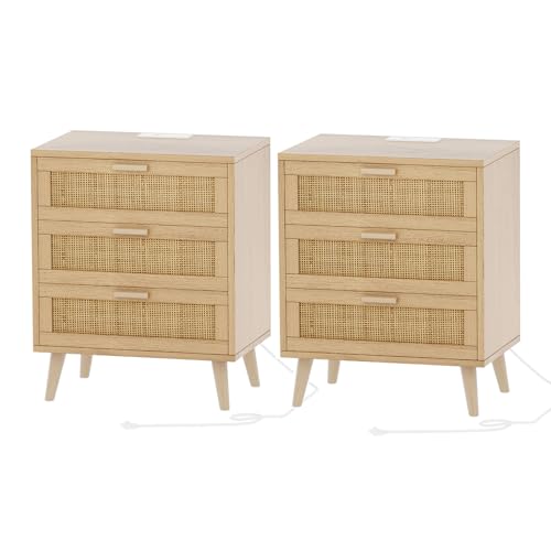 Rattan Nightstand Set with USB Charging Ports