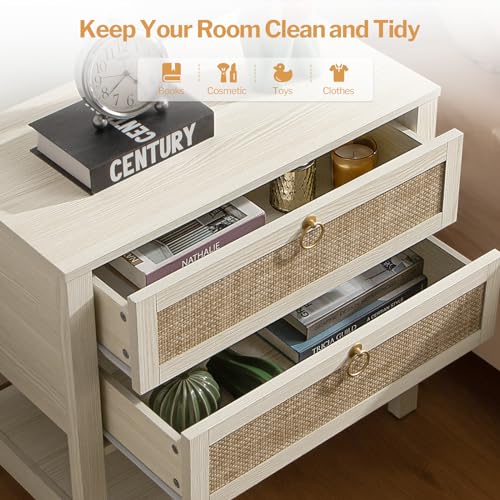 SICOTAS White Rattan Nightstand Set of 2