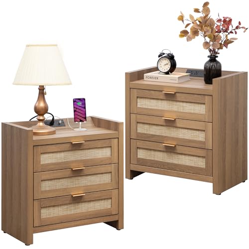 Rattan Night Stand Set with Charging Station - Oak