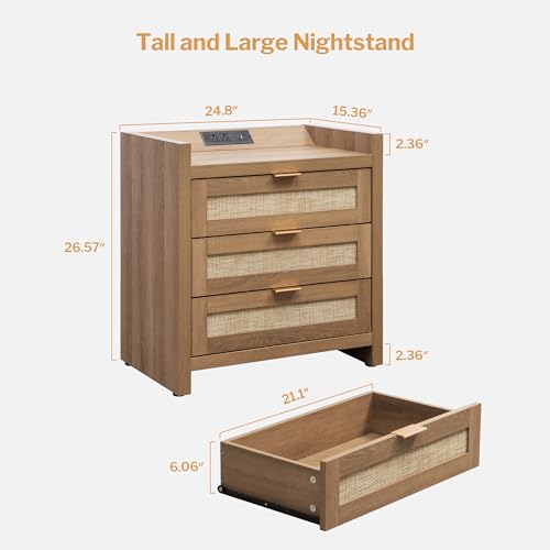 Rattan Night Stand Set with Charging Station - Oak