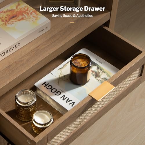 Rattan Night Stand Set with Charging Station - Oak