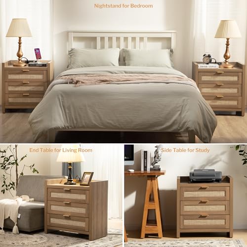Rattan Night Stand Set with Charging Station - Oak
