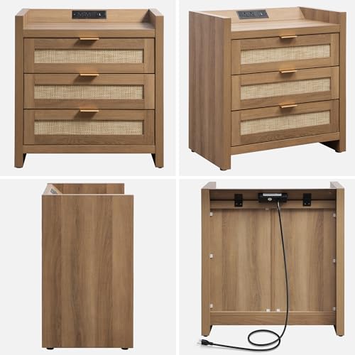 Rattan Night Stand Set with Charging Station - Oak