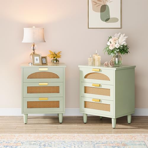 Mint Green 3-Drawer Rattan Nightstand Table