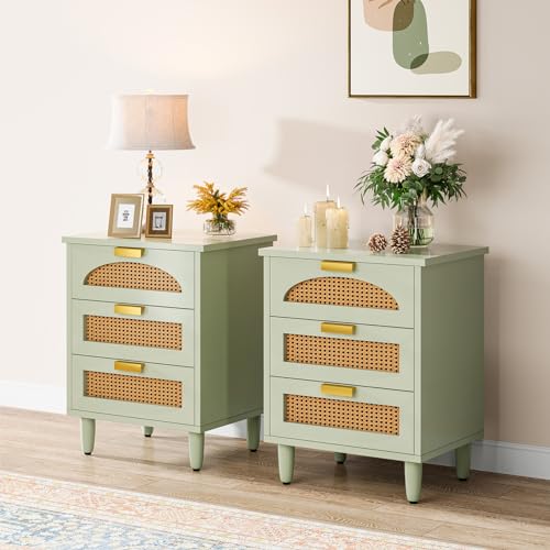 Mint Green 3-Drawer Rattan Nightstand Table