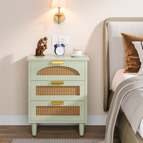 Mint Green 3-Drawer Rattan Nightstand Table