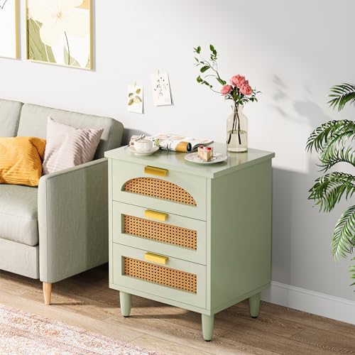 Mint Green 3-Drawer Rattan Nightstand Table