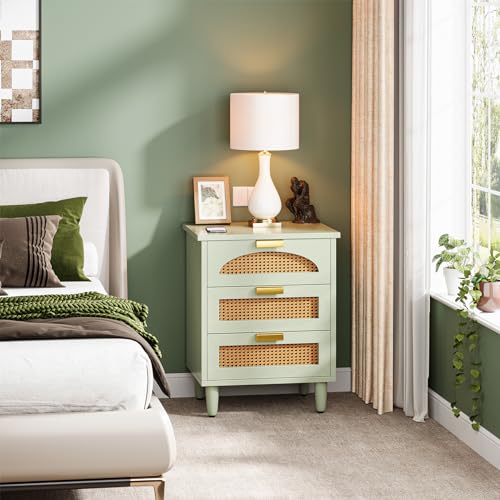 Mint Green 3-Drawer Rattan Nightstand Table
