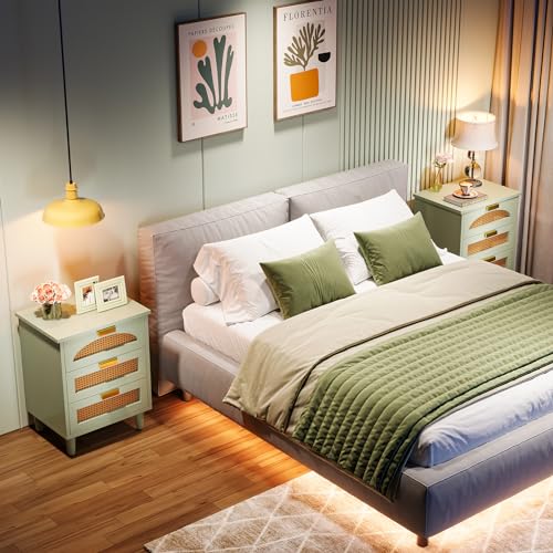 Mint Green 3-Drawer Rattan Nightstand Table