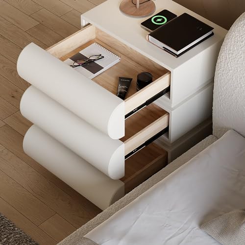 Modern White Leather Nightstand with Wireless Charger