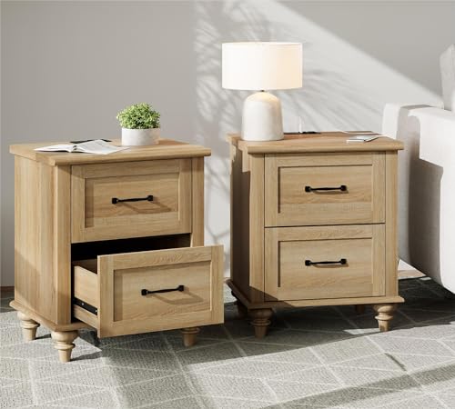 Rustic Wooden Nightstands with Charging Station Set