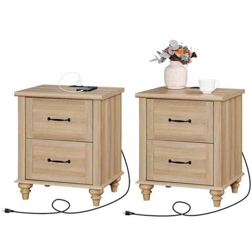 Rustic Wooden Nightstands with Charging Station Set