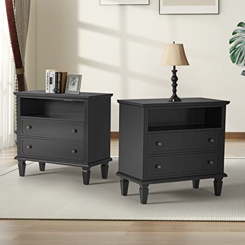 Farmhouse Nightstand Set with Charging Station - Black