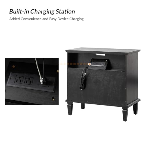 Farmhouse Nightstand Set with Charging Station - Black