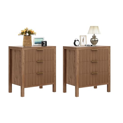 Fluted Wooden Nightstands Set of 2 - Walnut