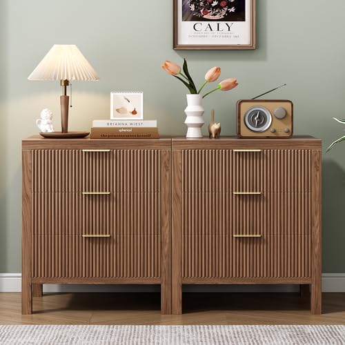 Fluted Wooden Nightstands Set of 2 - Walnut