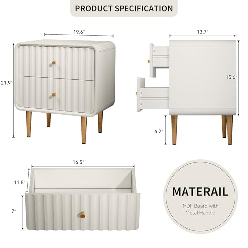 Fluted White Nightstand Set with Gold Handles