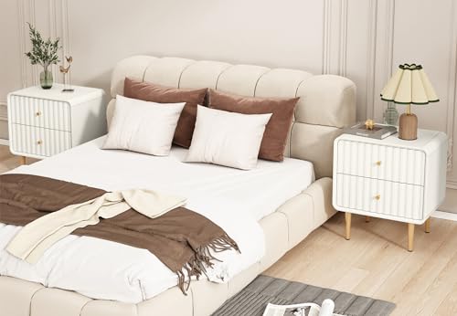 Fluted White Nightstand Set with Gold Handles