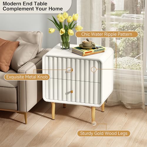 Fluted White Nightstand Set with Gold Handles