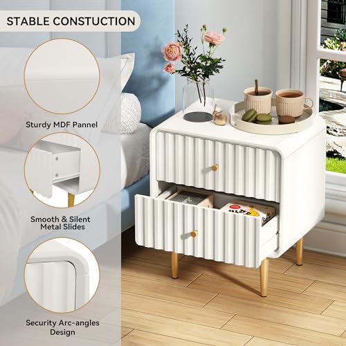 Fluted White Nightstand Set with Gold Handles