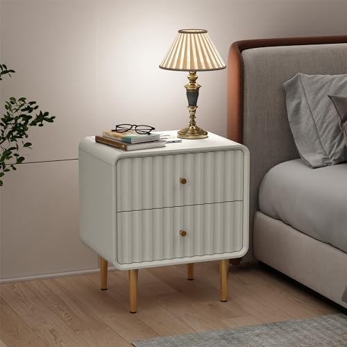 Fluted White Nightstand Set with Gold Handles