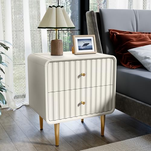 Fluted White Nightstand Set with Gold Handles