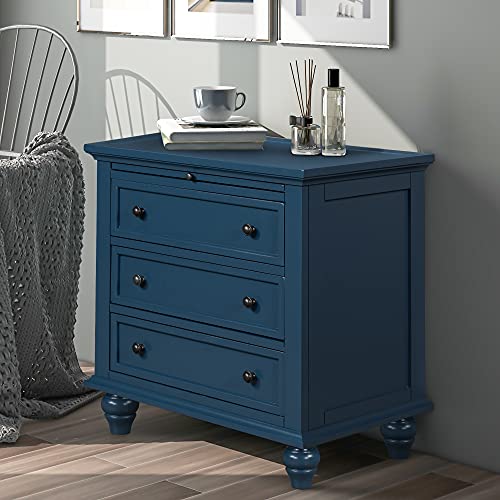 Blue Wood Nightstand with Three Drawers & Tray