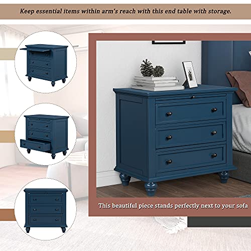 Blue Wood Nightstand with Three Drawers & Tray