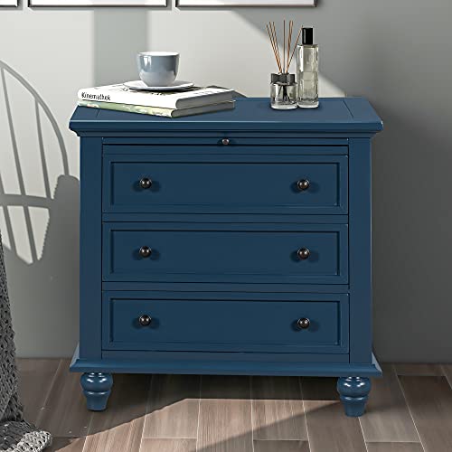 Blue Wood Nightstand with Three Drawers & Tray