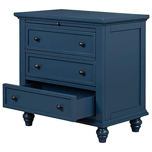 Blue Wood Nightstand with Three Drawers & Tray