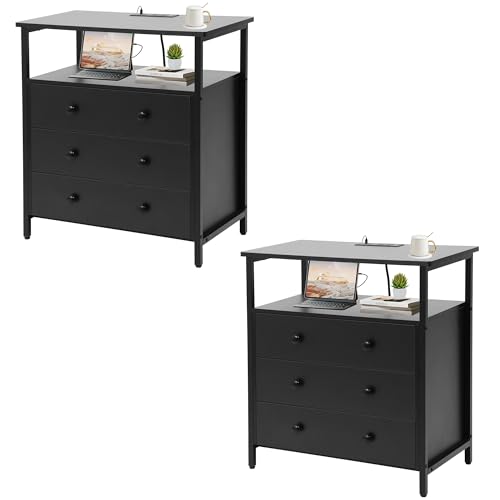 2-Piece 3-Tier Wooden Nightstand Set with Charging Station