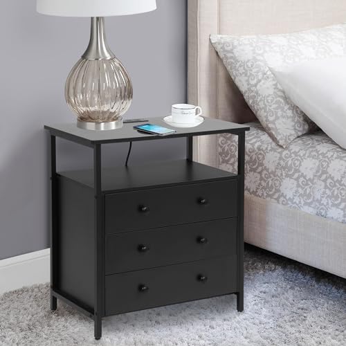 2-Piece 3-Tier Wooden Nightstand Set with Charging Station
