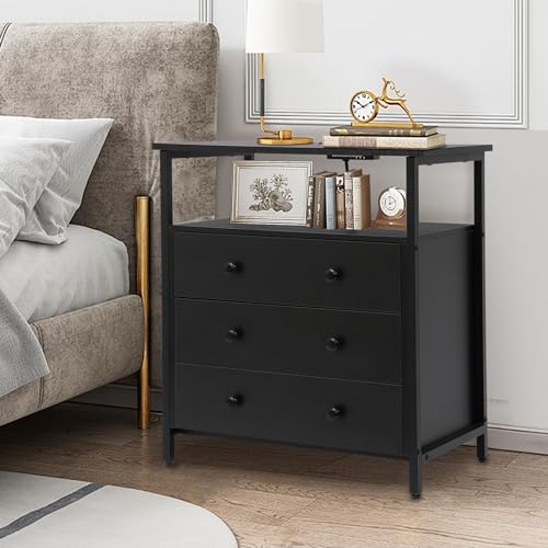 2-Piece 3-Tier Wooden Nightstand Set with Charging Station