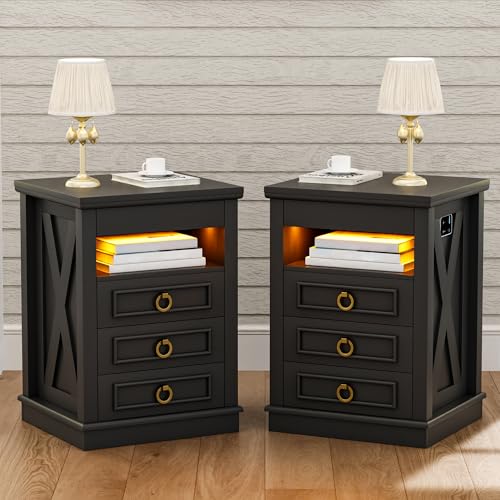 Farmhouse Nightstand Set with LED Lights and Drawers
