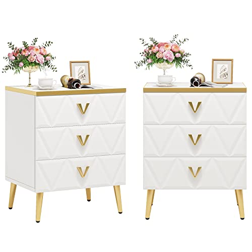 Elegant 3-Drawer Nightstand Set with Golden Legs