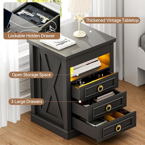 Farmhouse Nightstand Set with LED Lights and Drawers